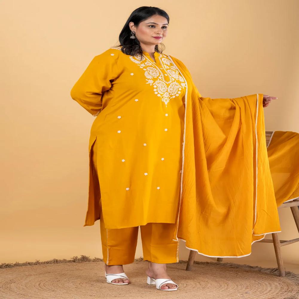 Straight Style Cotton Flex Fabric Mustard Color Kurta And Bottom With Dupatta