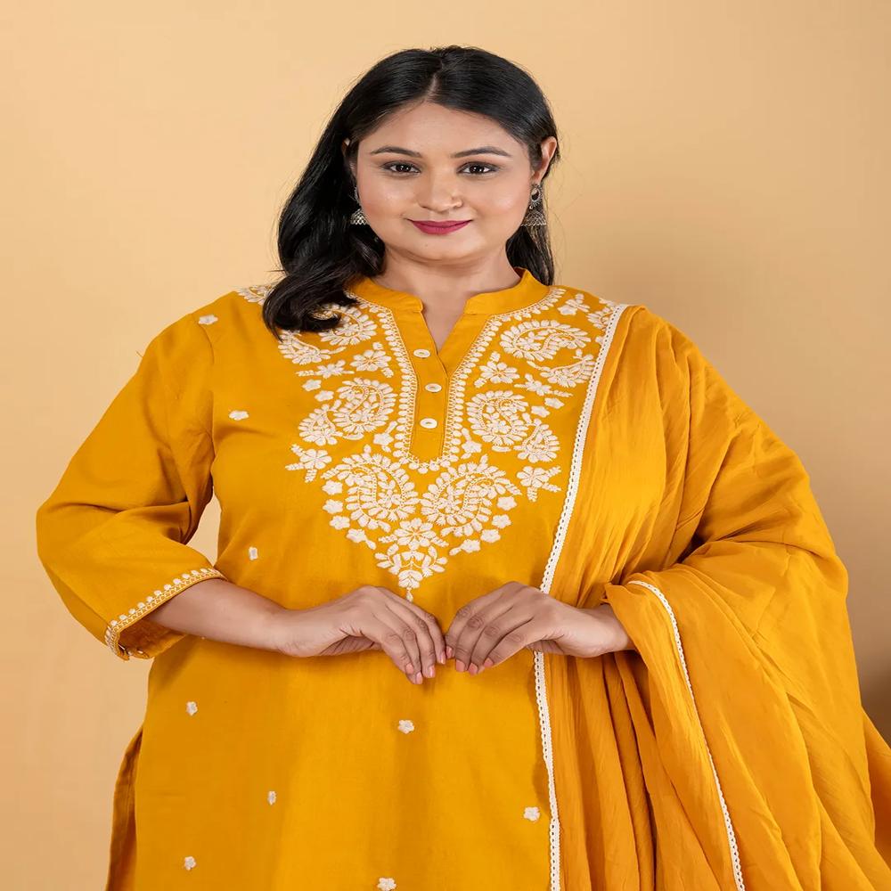 Straight Style Cotton Flex Fabric Mustard Color Kurta And Bottom With Dupatta