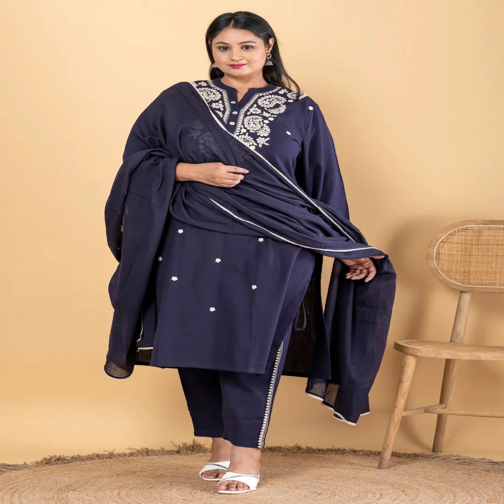 Straight Style Cotton Flex Fabric Blue Color Kurta And Bottom With Dupatta