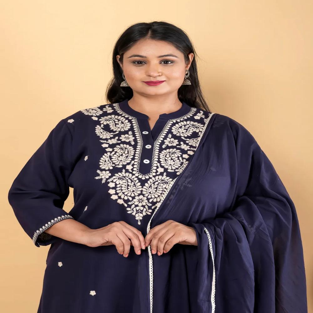 Straight Style Cotton Flex Fabric Blue Color Kurta And Bottom With Dupatta