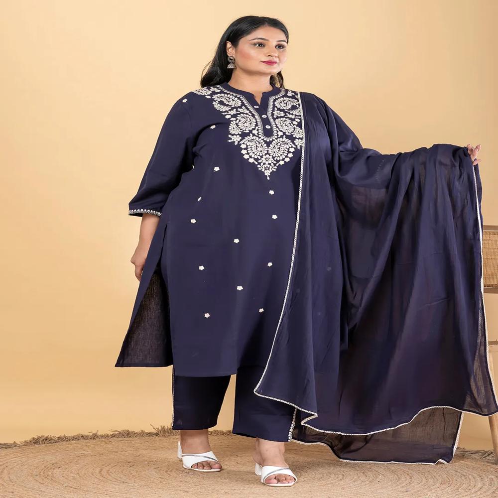 Straight Style Cotton Flex Fabric Blue Color Kurta And Bottom With Dupatta
