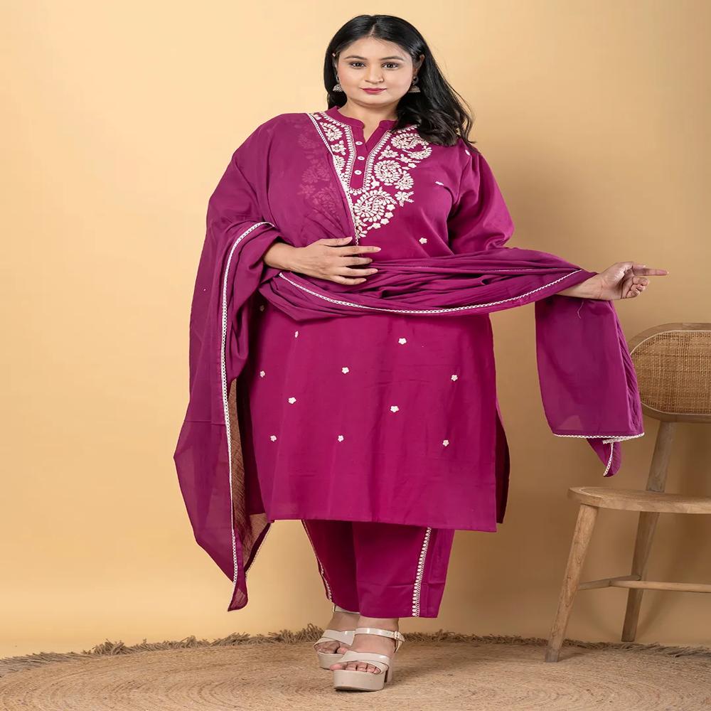 Straight Style Cotton Flex Fabric Magenta Color Kurta And Bottom With Dupatta