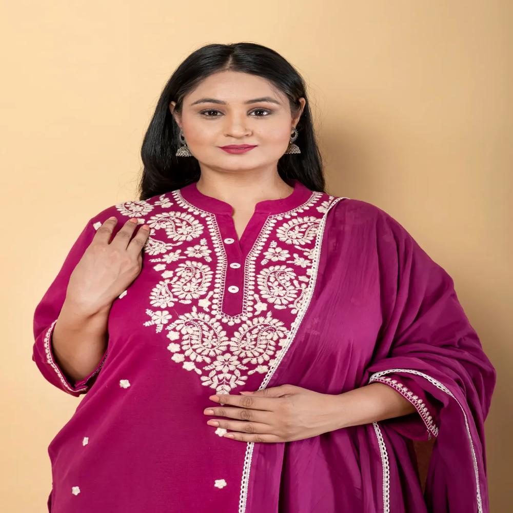 Straight Style Cotton Flex Fabric Magenta Color Kurta And Bottom With Dupatta