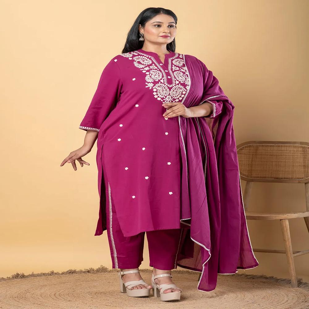 Straight Style Cotton Flex Fabric Magenta Color Kurta And Bottom With Dupatta