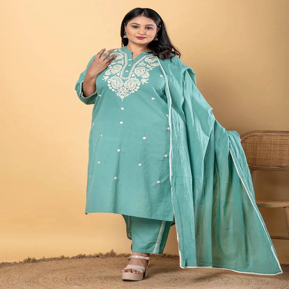 Straight Style Cotton Flex Fabric Green Color Kurta And Bottom With Dupatta