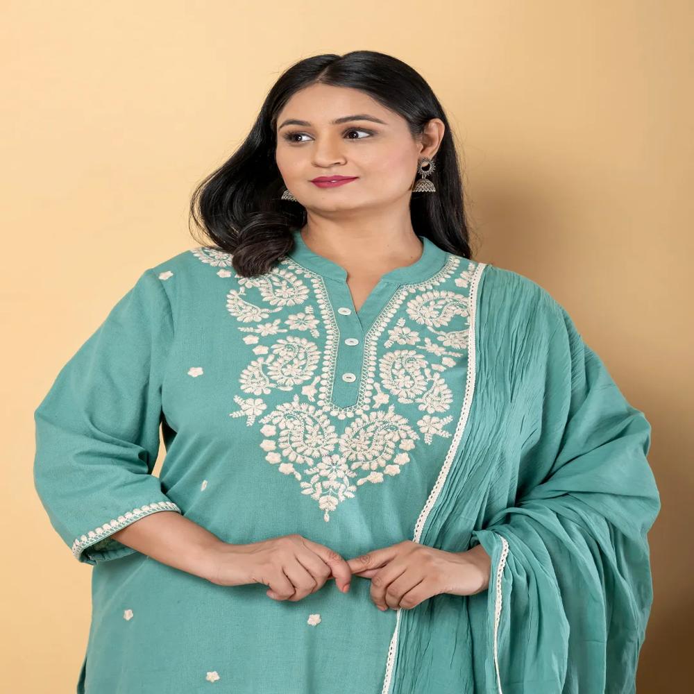 Straight Style Cotton Flex Fabric Green Color Kurta And Bottom With Dupatta