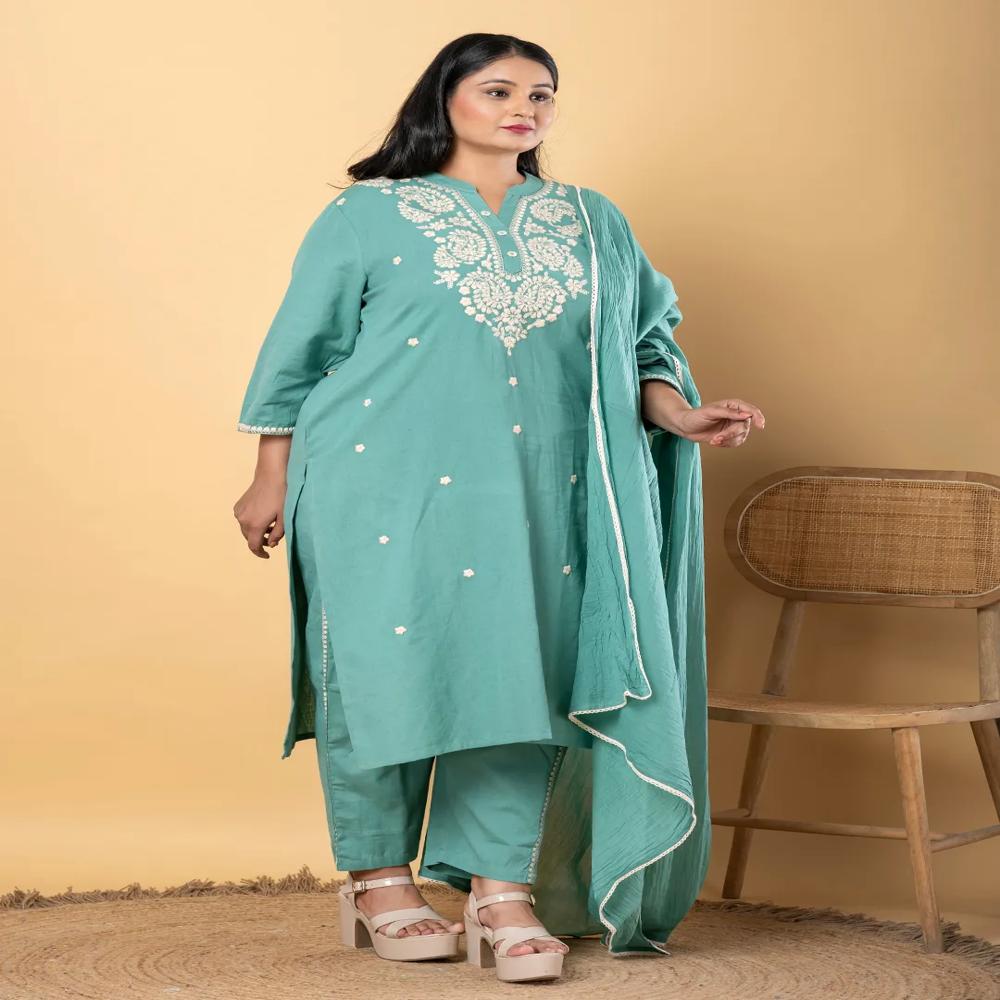 Straight Style Cotton Flex Fabric Green Color Kurta And Bottom With Dupatta