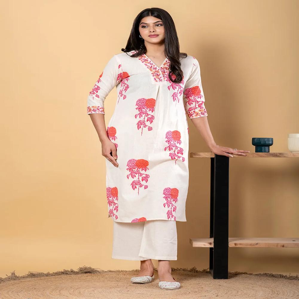 Straight Style Cotton Flex Fabric Pink Color Kurta With Bottom