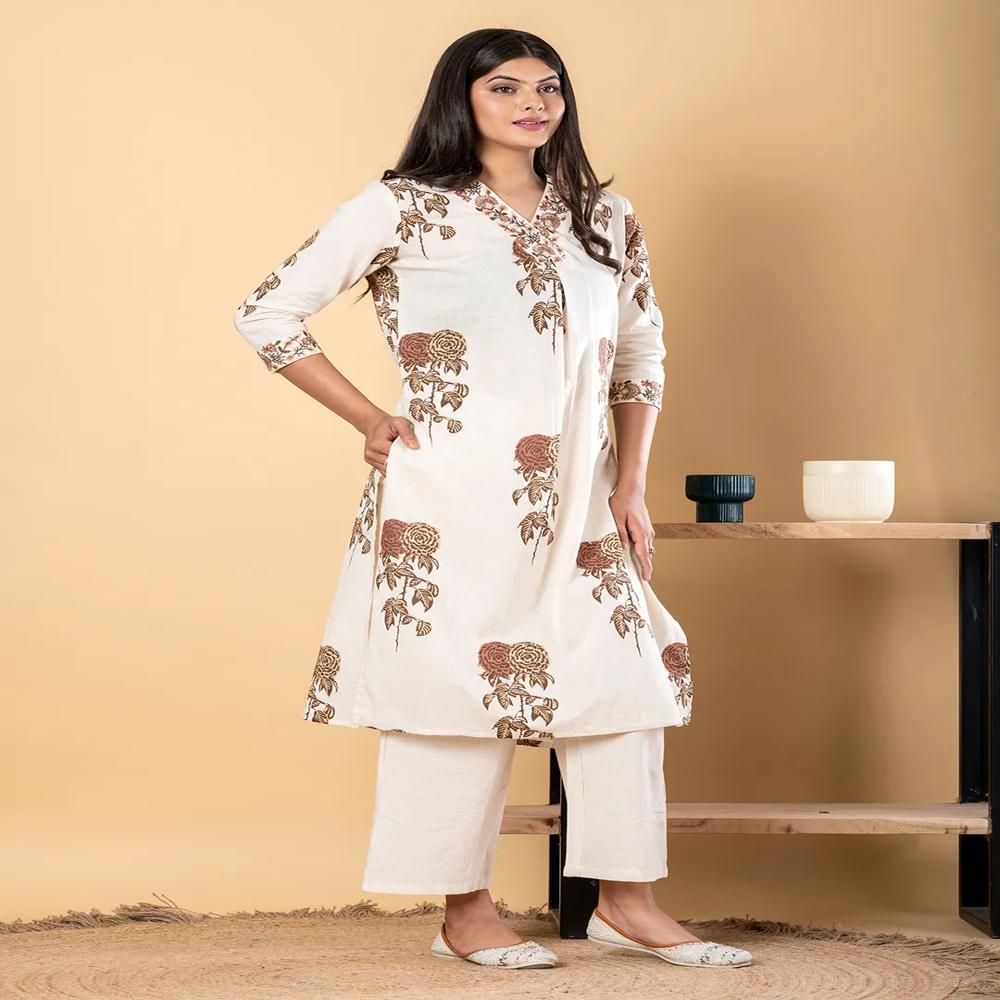 Straight Style Cotton Flex Fabric Off White Color Kurta With Bottom