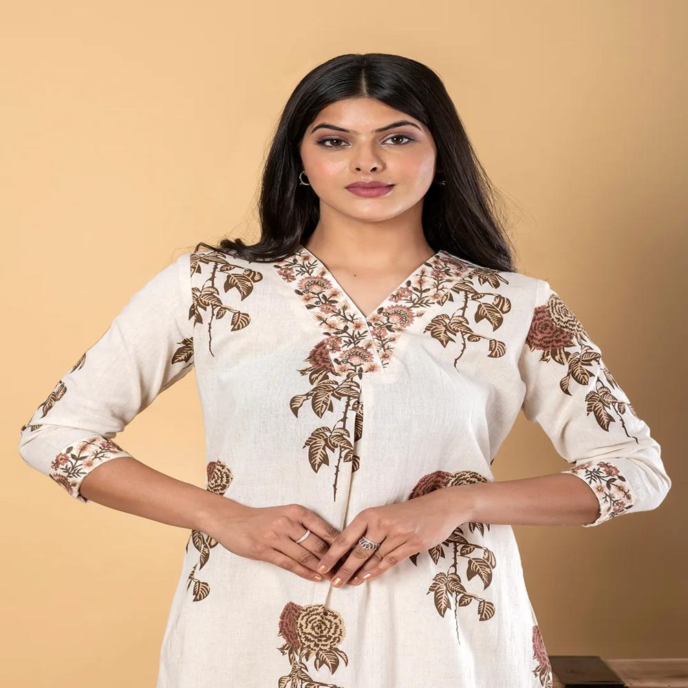 Straight Style Cotton Flex Fabric Off White Color Kurta With Bottom