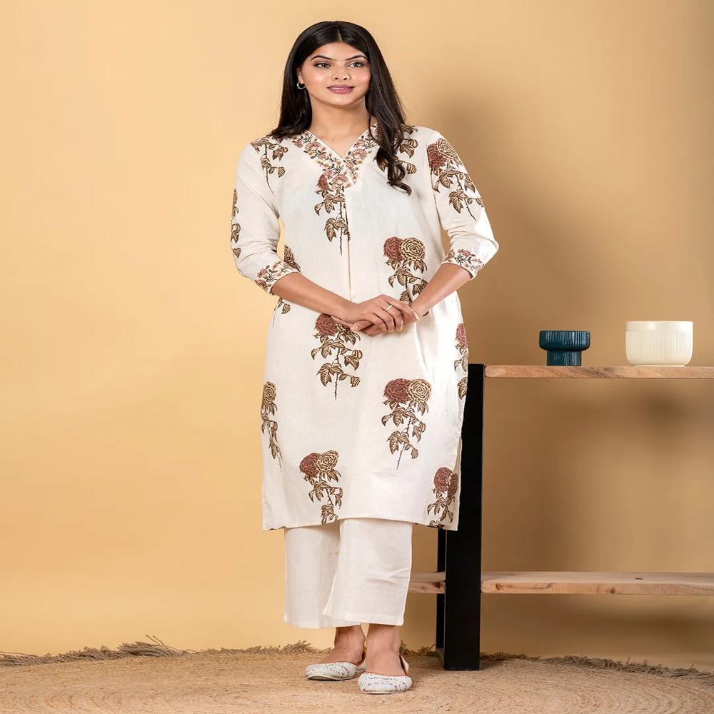 Straight Style Cotton Flex Fabric Off White Color Kurta With Bottom