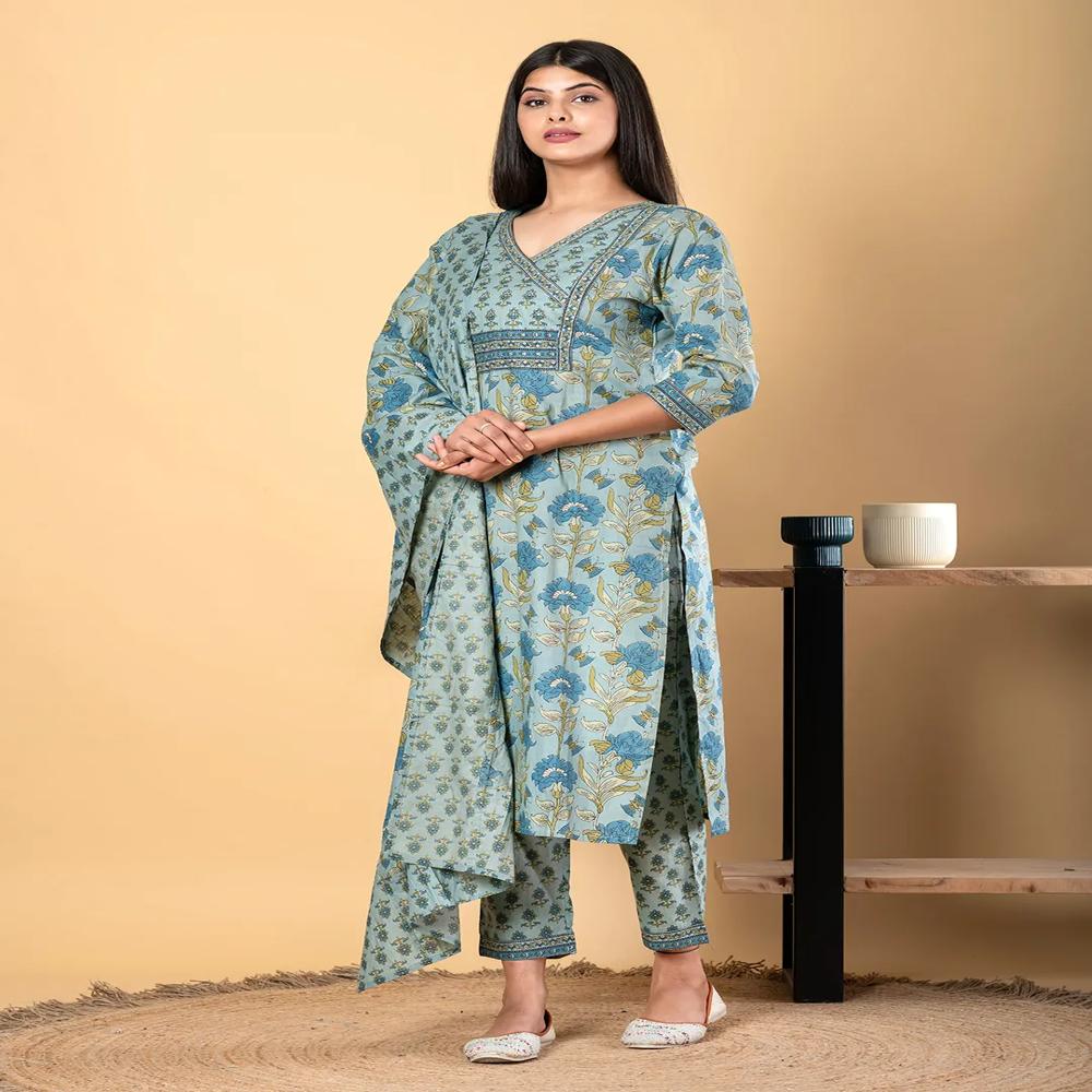 Straight Style Cotton Fabric Blue Color Kurta And Bottom With Dupatta