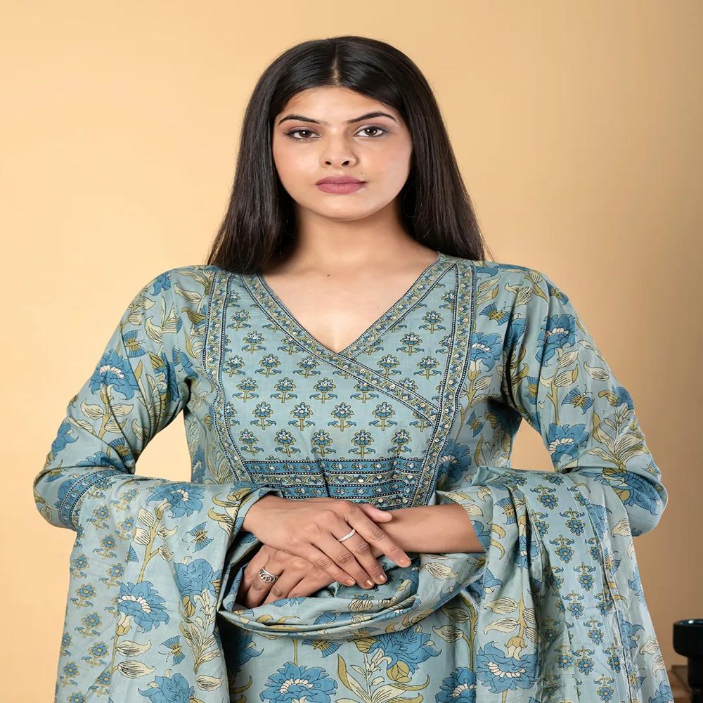 Straight Style Cotton Fabric Blue Color Kurta And Bottom With Dupatta