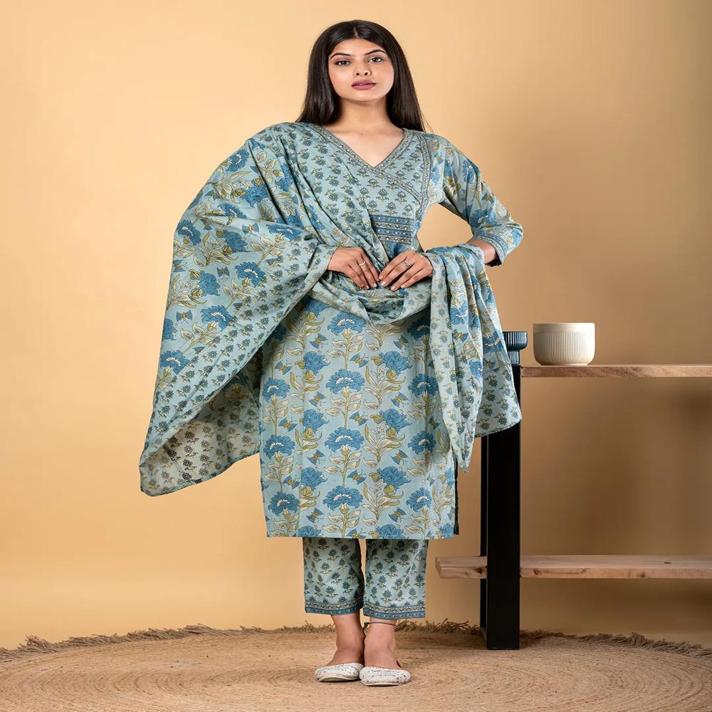 Straight Style Cotton Fabric Blue Color Kurta And Bottom With Dupatta