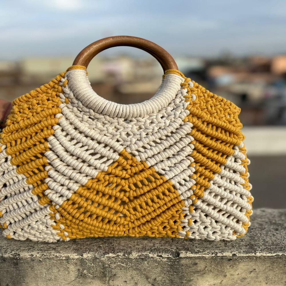 Knotted Macrame Bag - Jute Material, Square Shape, White & Mud Color | Eco-friendly, Wooden Handles, Chic Summer Accessory