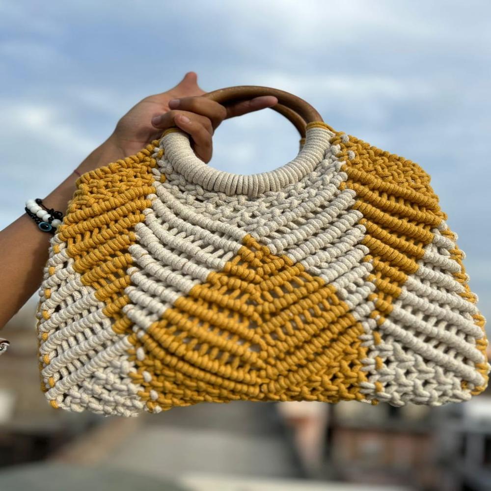Knotted Macrame Bag - Jute Material, Square Shape, White & Mud Color | Eco-friendly, Wooden Handles, Chic Summer Accessory