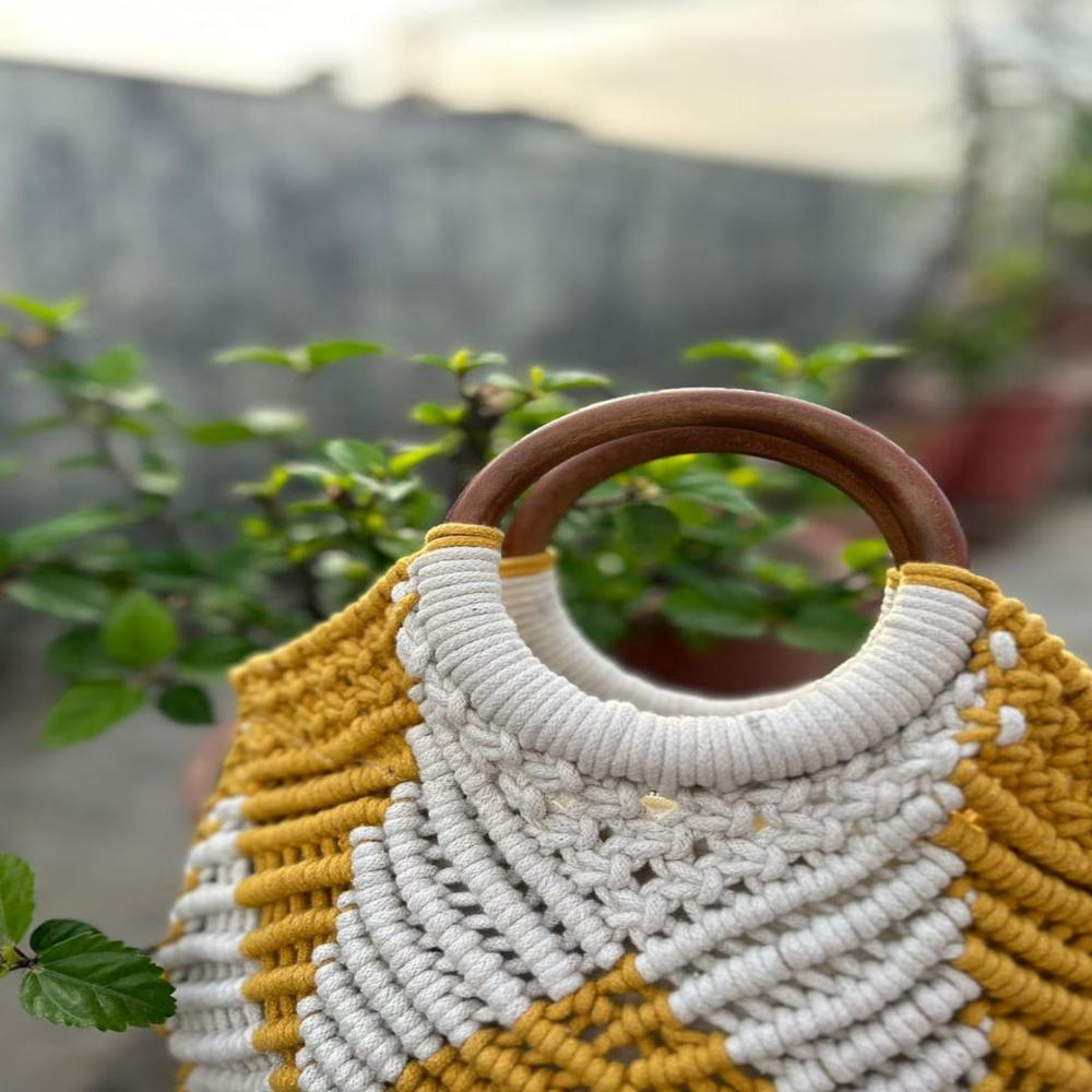 Knotted Macrame Bag - Jute Material, Square Shape, White & Mud Color | Eco-friendly, Wooden Handles, Chic Summer Accessory