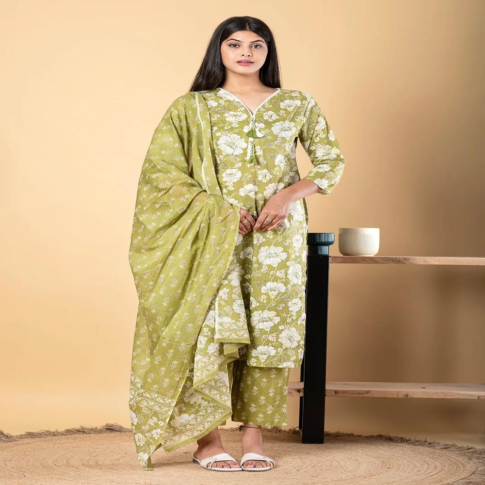 Straight Style Cotton Fabric Green Color Kurta And Bottom With Dupatta