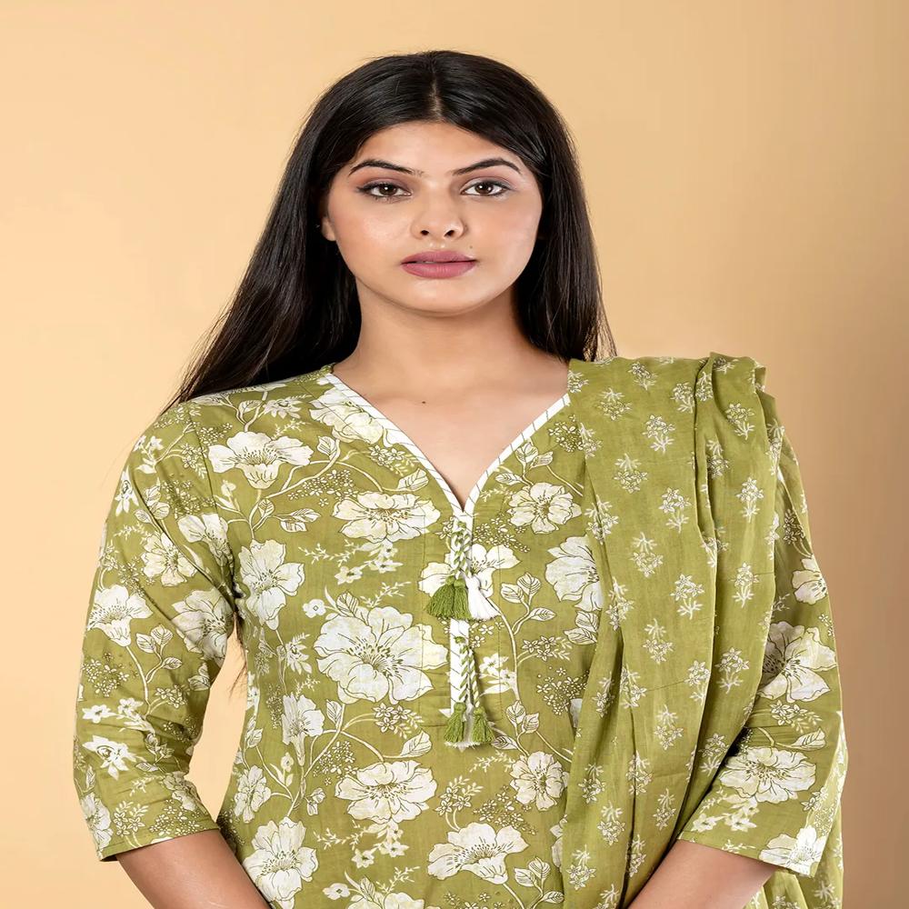Straight Style Cotton Fabric Green Color Kurta And Bottom With Dupatta