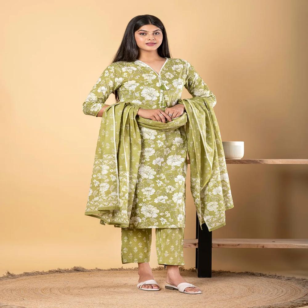 Straight Style Cotton Fabric Green Color Kurta And Bottom With Dupatta