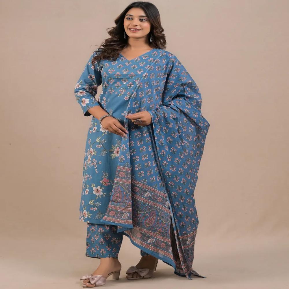 Straight Style Cotton Fabric Blue Color Kurta And Bottom With Dupatta