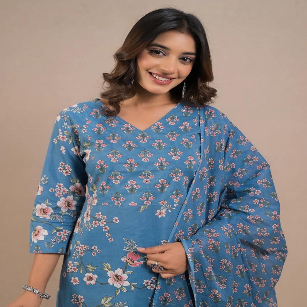 Straight Style Cotton Fabric Blue Color Kurta And Bottom With Dupatta
