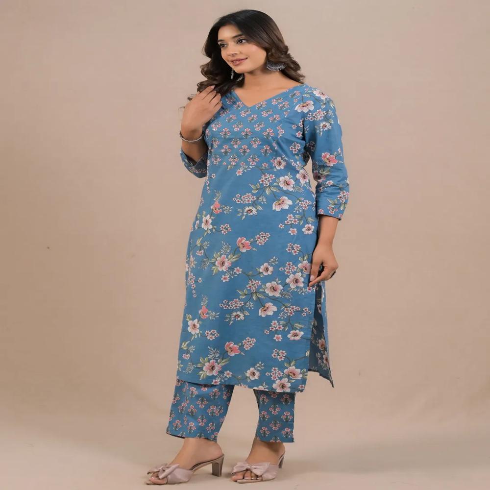 Straight Style Cotton Fabric Blue Color Kurta And Bottom With Dupatta
