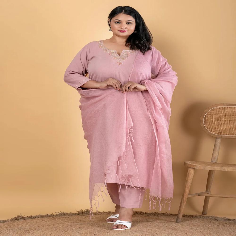 Straight Style Cotton Flex Fabric Mauve Color Kurta And Bottom With Dupatta