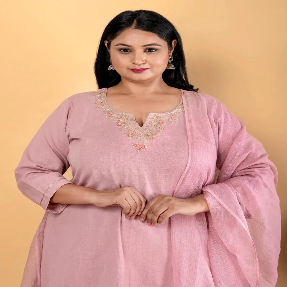 Straight Style Cotton Flex Fabric Mauve Color Kurta And Bottom With Dupatta