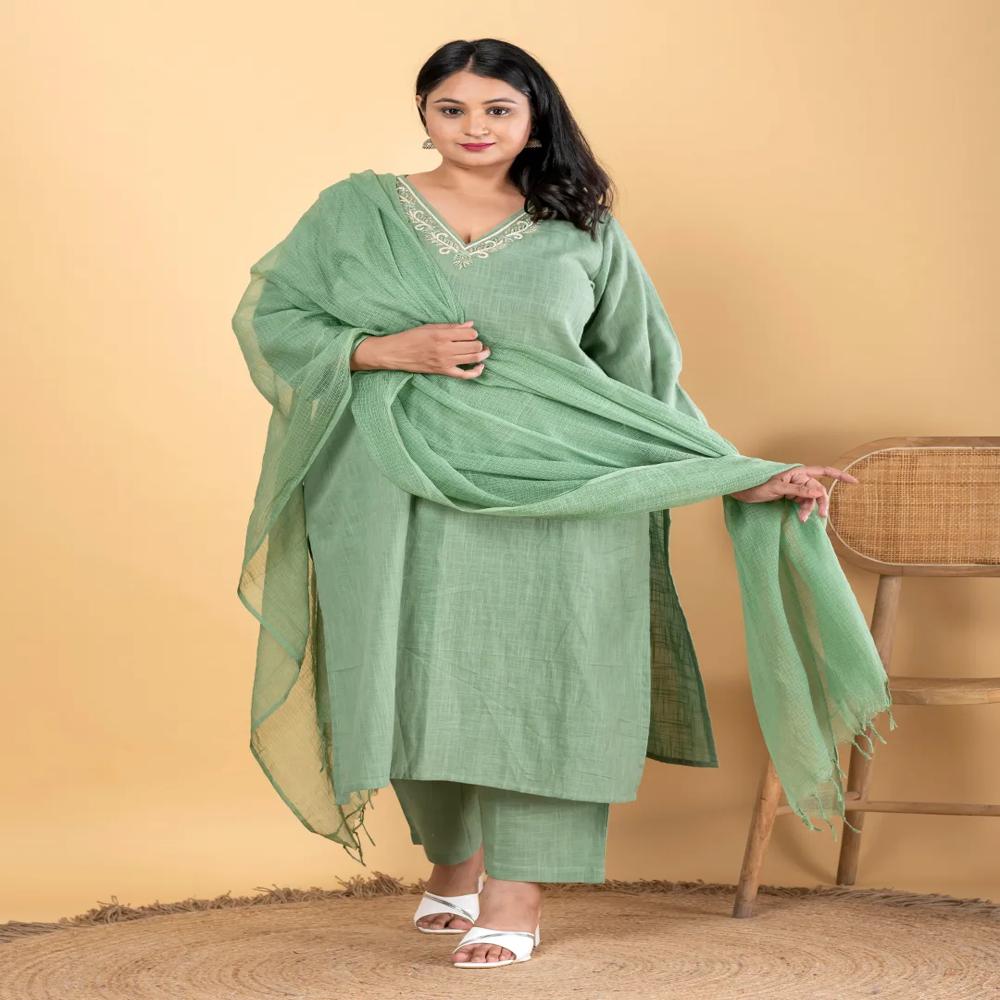 Straight Style Cotton Flex Fabric Green Color Kurta And Bottom With Dupatta