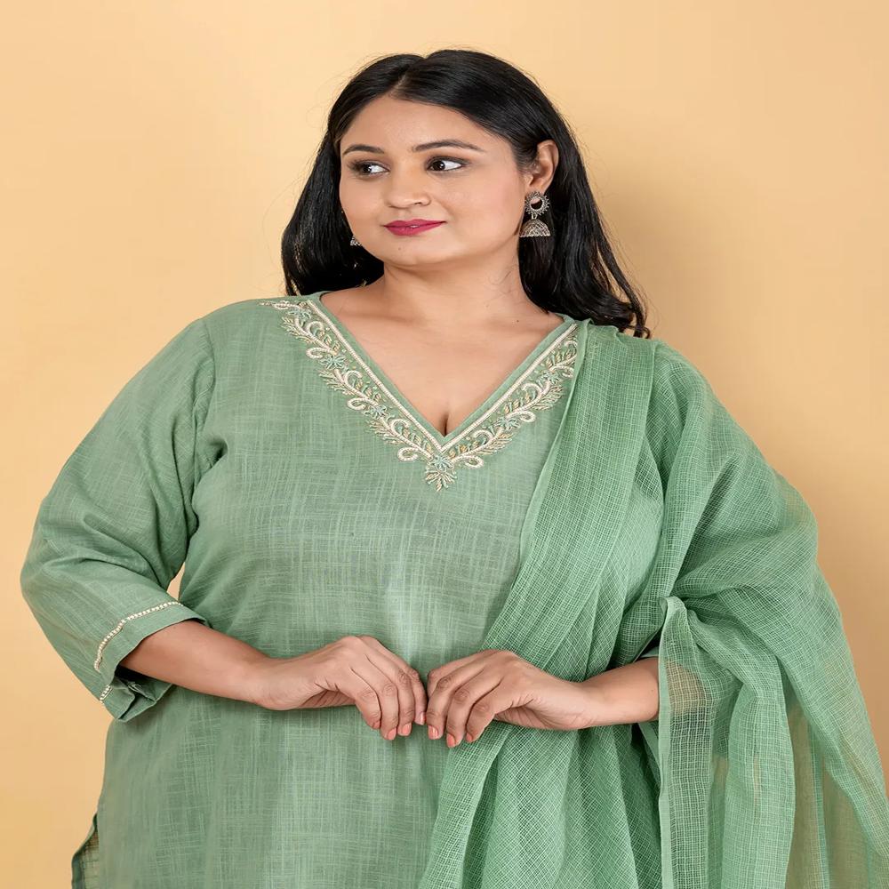 Straight Style Cotton Flex Fabric Green Color Kurta And Bottom With Dupatta