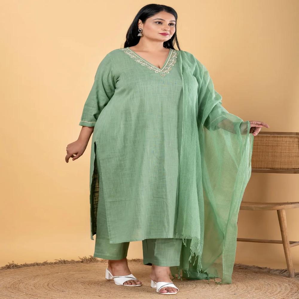 Straight Style Cotton Flex Fabric Green Color Kurta And Bottom With Dupatta