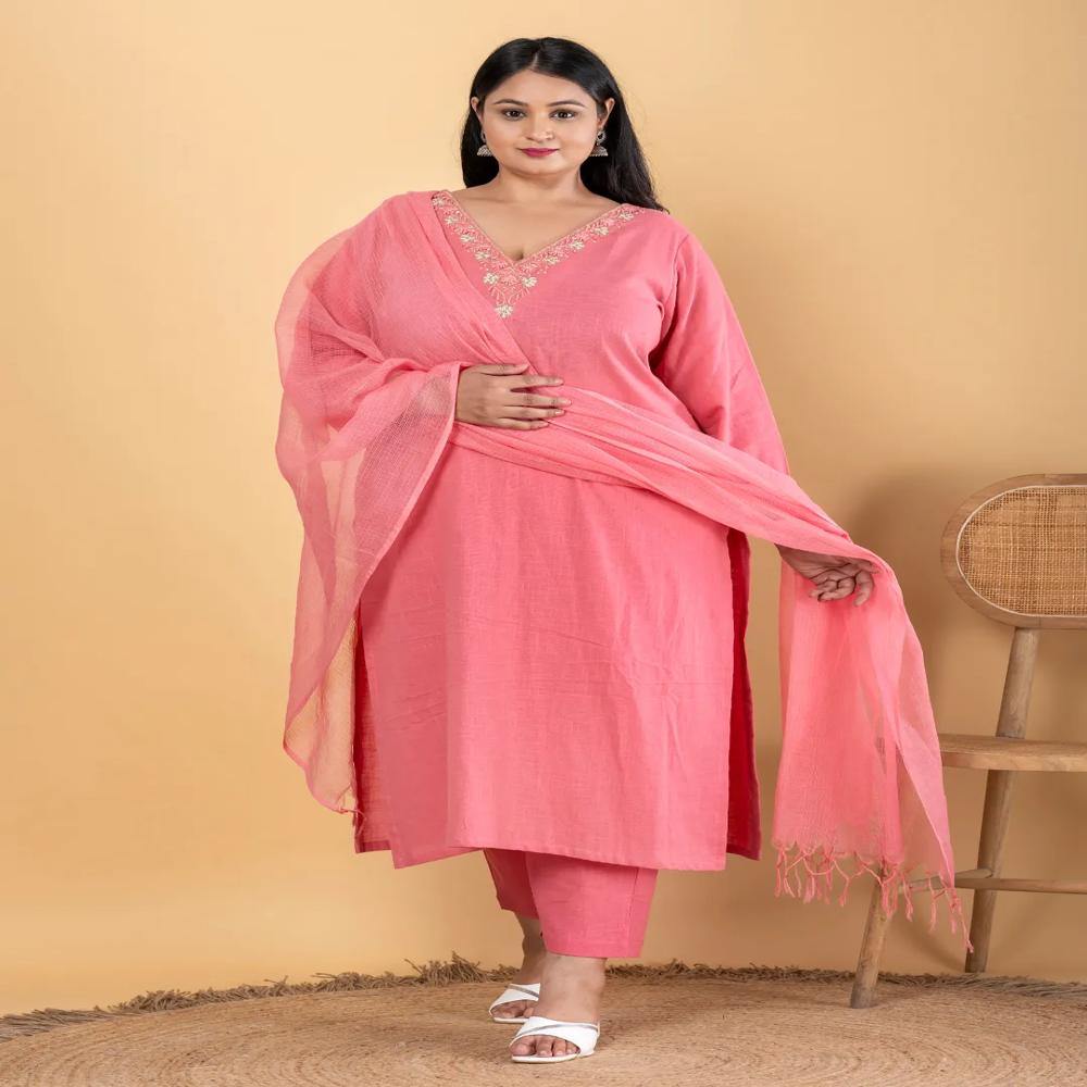 Straight Style Cotton Flex Fabric Peach Color Kurta And Bottom With Dupatta