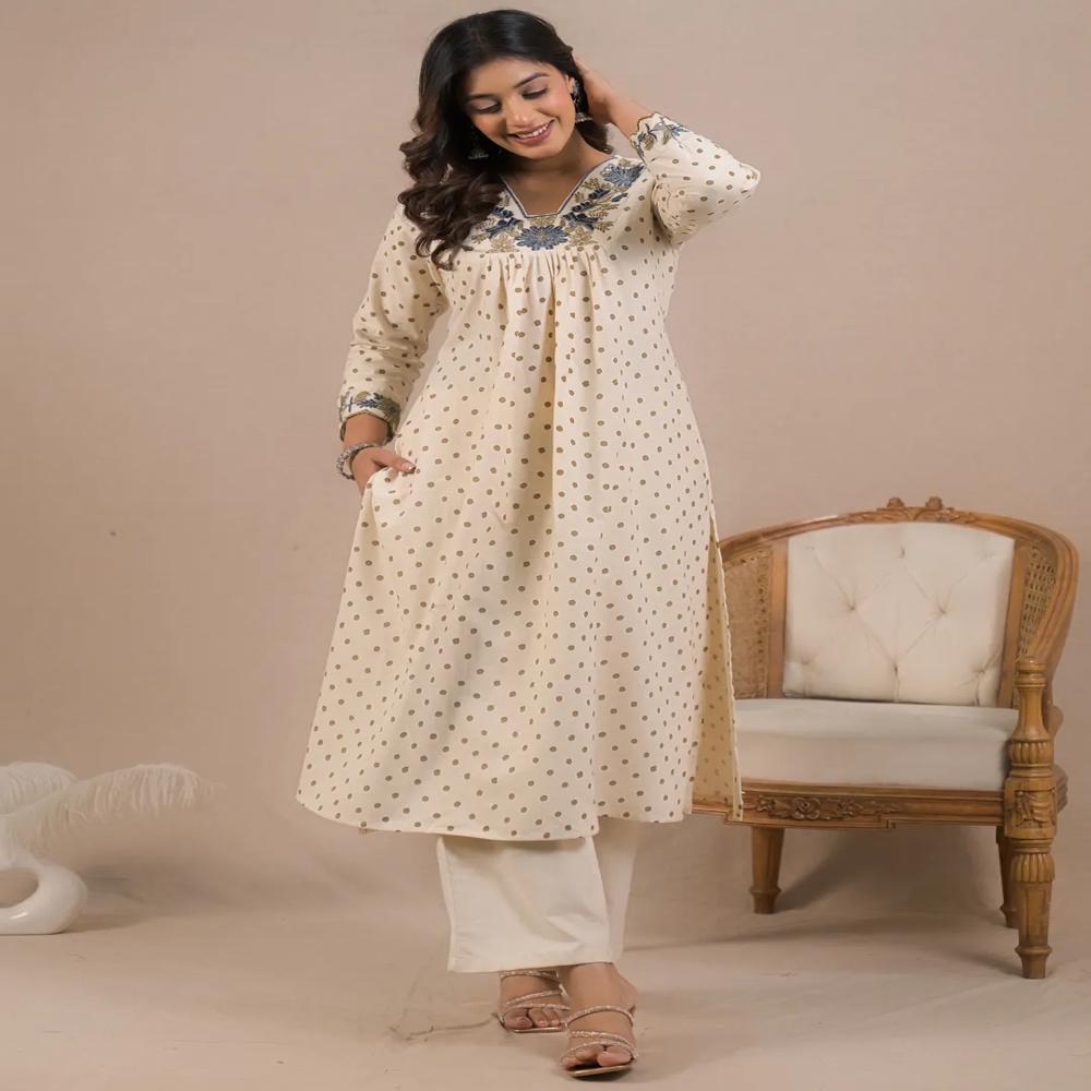 A Line Style Cotton Flex Fabric Off White Color Kurta With Bottom