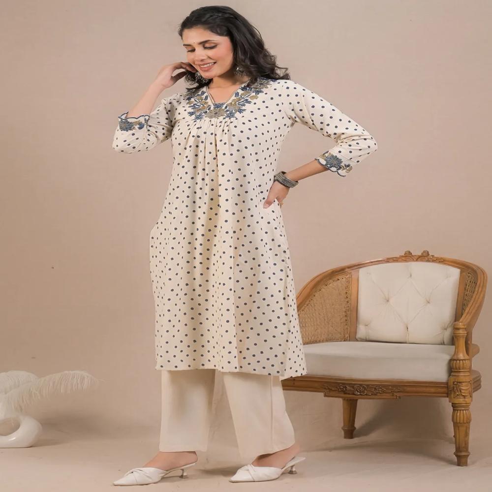 A Line Style Cotton Flex Fabric Off White Color Kurta With Bottom
