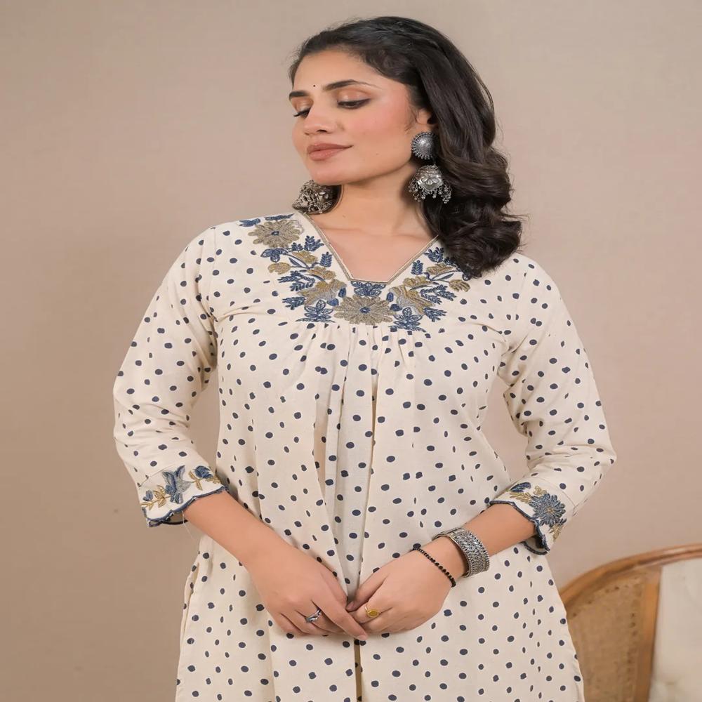 A Line Style Cotton Flex Fabric Off White Color Kurta With Bottom