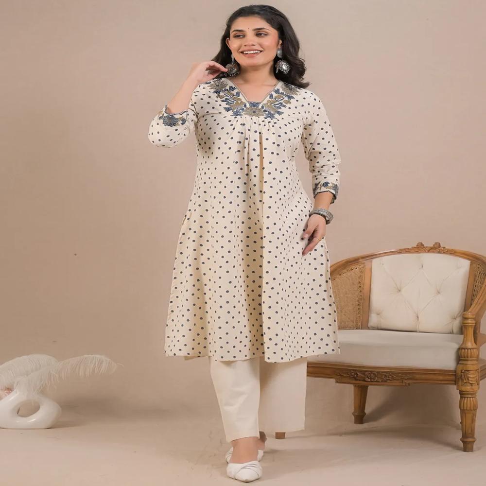 A Line Style Cotton Flex Fabric Off White Color Kurta With Bottom