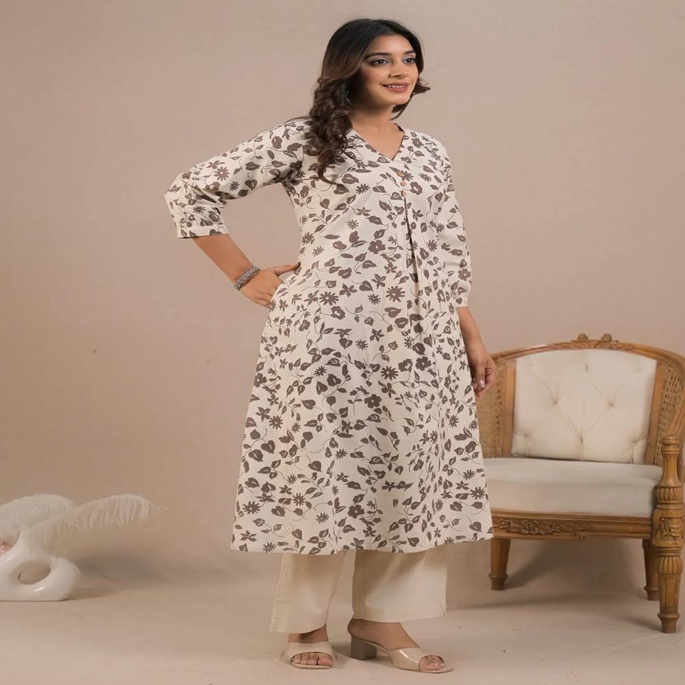 A Line Style Cotton Flex Fabric Off White Color Kurta With Bottom