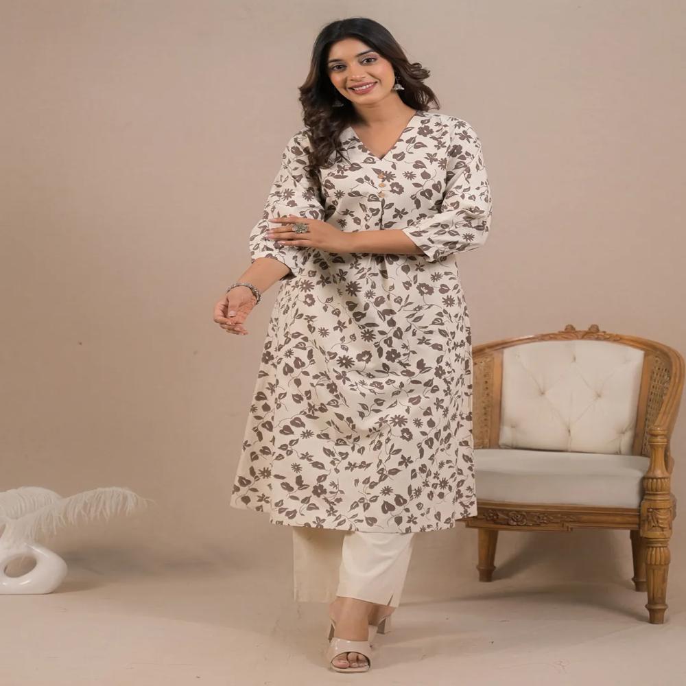 A Line Style Cotton Flex Fabric Off White Color Kurta With Bottom