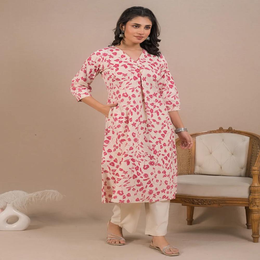 A Line Style Cotton Flex Fabric Pink Color Kurta With Bottom