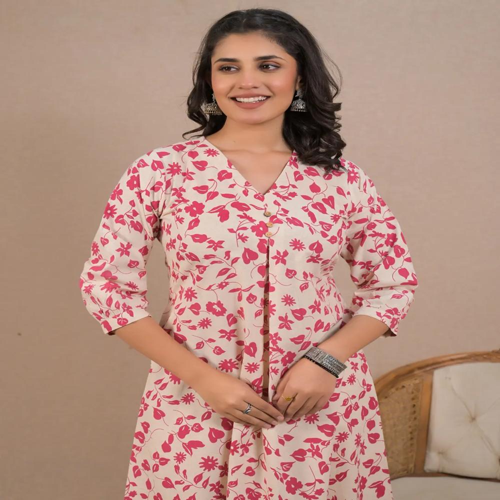 A Line Style Cotton Flex Fabric Pink Color Kurta With Bottom