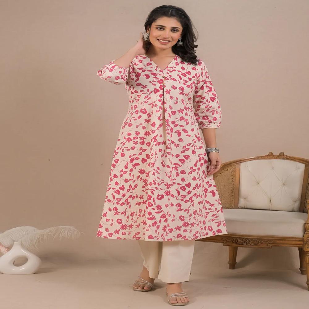 A Line Style Cotton Flex Fabric Pink Color Kurta With Bottom