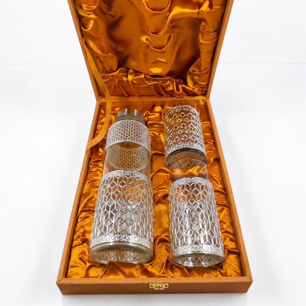 Silver Plated Glass Water Bottle Set With 2 Glasses Gift Box - Application: Home