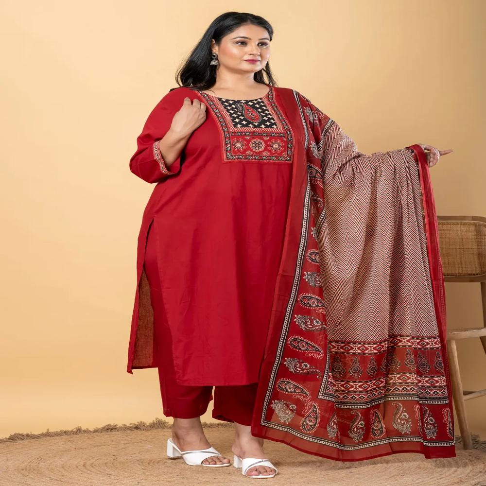 Straight Style Cotton Fabric Maroon Color Kurta And Bottom With Dupatta