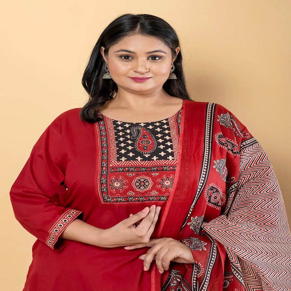 Straight Style Cotton Fabric Maroon Color Kurta And Bottom With Dupatta