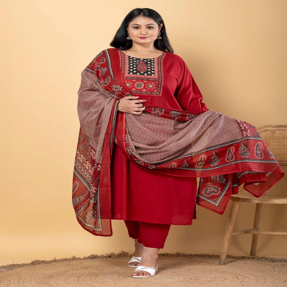 Straight Style Cotton Fabric Maroon Color Kurta And Bottom With Dupatta