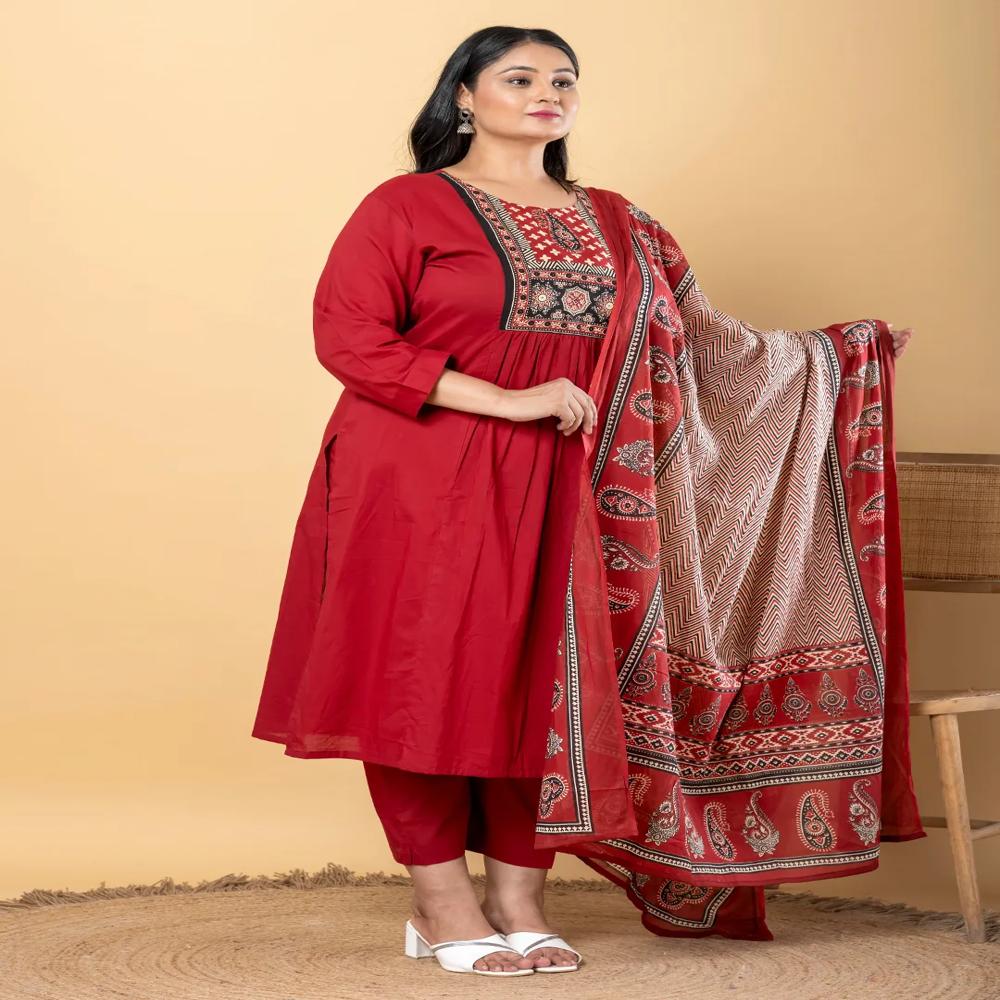 A Line Style Cotton Fabric Maroon Color Kurta And Bottom With Dupatta