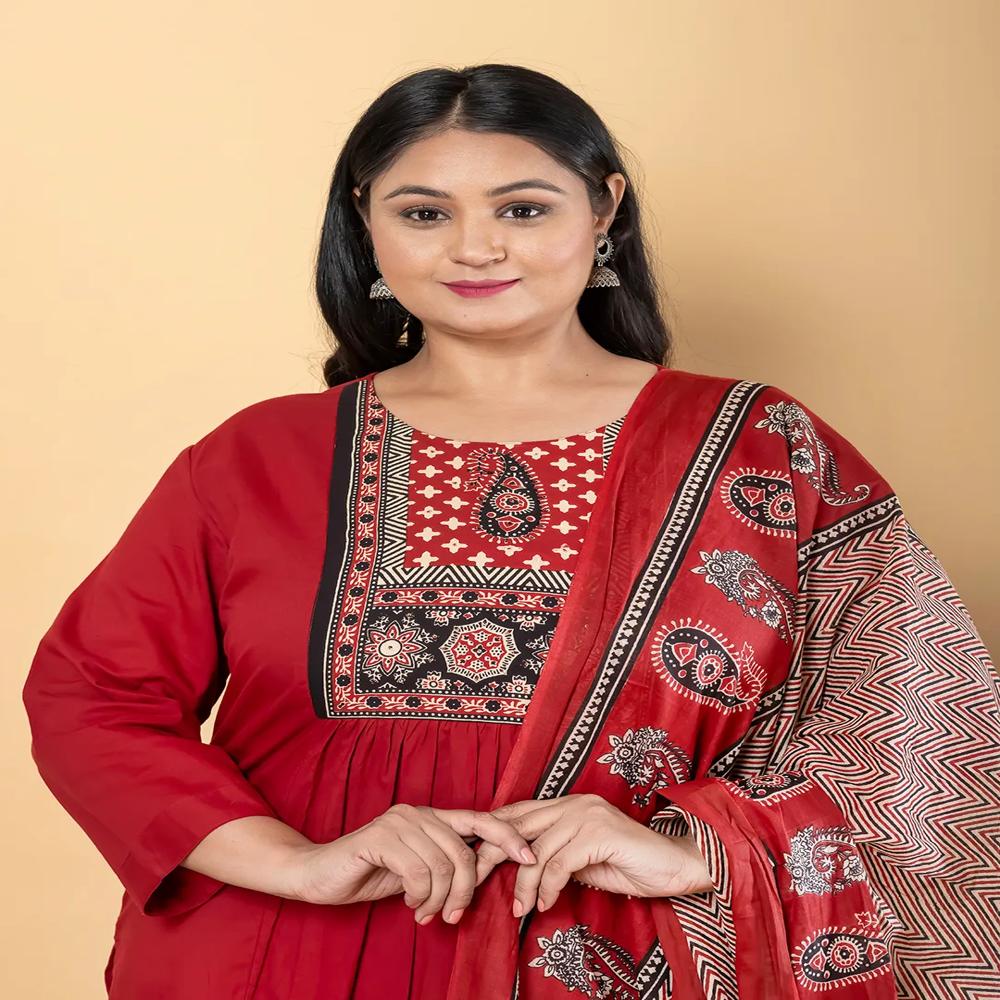 A Line Style Cotton Fabric Maroon Color Kurta And Bottom With Dupatta