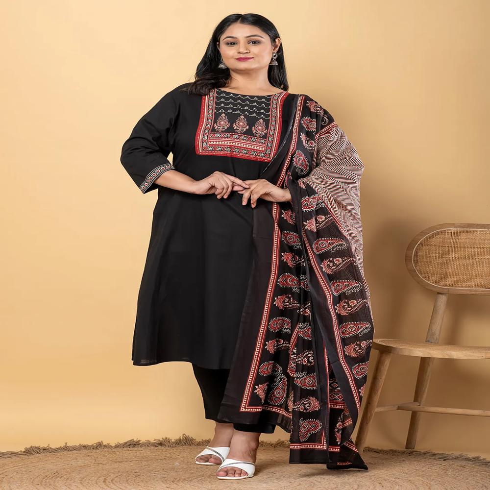 Anarkali Style Cotton Fabric Black Color Kurta And Bottom With Dupatta