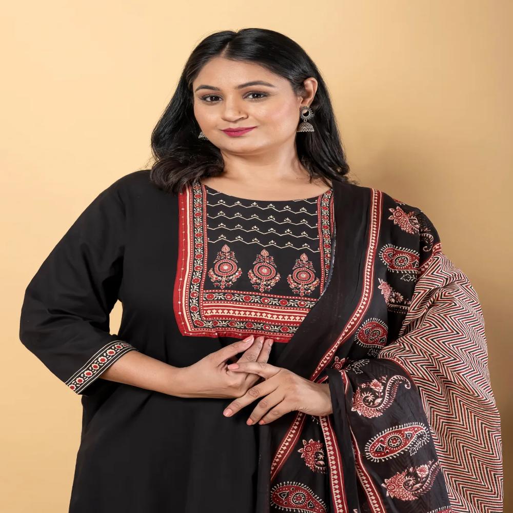 Anarkali Style Cotton Fabric Black Color Kurta And Bottom With Dupatta